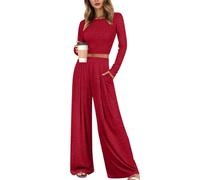 Generisch Pigiama da donna lungo, due pezzi, da donna, a maniche lunghe, top senza pancia, gamba larga, pantaloni, set abbinato, tuta da allenamento
