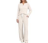 Generisch Pigiama da donna lungo, elegante, comodo, 2 pezzi, slim fit, maniche lunghe, scollo a V, tinta unita, per il tempo libero, set di pigiama da jogging per autunno e inverno