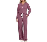 Generisch Pigiama da donna lungo, elegante, slim fit, 2 pezzi, maniche lunghe, scollo a V, in tinta unita, casual, comodo, a maglia, per il jogging, per l'autunno e l'inverno