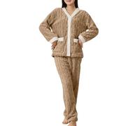 Generisch Pigiama da donna, lungo, in flanella, soffice, in due pezzi, per l'inverno, a maniche lunghe, con tasche, cachi, Taglia unica