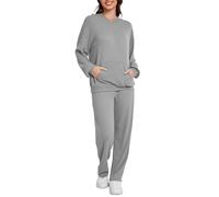 Generisch Pigiama da donna, lungo, morbido, con tasche, in due pezzi, per la casa, invernale, a maniche lunghe, top e pantaloni, in due pezzi, elegante a costine S-XL, grigio., L