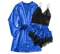 Generisch Pigiama da donna, lungo, set da 3 pezzi, estivo, in raso, a maniche lunghe, con stampa leggera, C-blu, XL