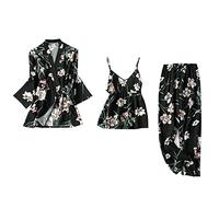 Generisch Pigiama da donna, lungo, set da 3 pezzi, estivo, in raso, a maniche lunghe, con stampa leggera, D-nero., M