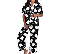 Generisch Pigiama da donna per Halloween con motivo fantasma, pigiama in due pezzi, camicia abbottonata e pantaloni lunghi, comoda biancheria da notte in viola, Stil_f02 Nero, M