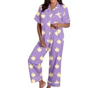 Generisch Pigiama da donna per Halloween con motivo fantasma, pigiama in due pezzi, camicia abbottonata e pantaloni lunghi, comoda biancheria da notte in viola, Stil_f01 viola, XL
