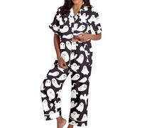 Generisch Pigiama da donna per Halloween con motivo fantasma, pigiama in due pezzi, camicia abbottonata e pantaloni lunghi, comoda biancheria da notte in viola, Stil_f03 Marrone, S
