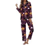 Generisch Pigiama da donna per Halloween, con motivo fantasma, pigiama in due pezzi, con zucche, a maniche lunghe, per la stagione spaventosa, Stil_r07 viola, L