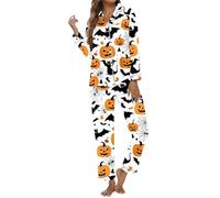 Generisch Pigiama da donna per Halloween, con motivo fantasma, pigiama in due pezzi, con zucche, a maniche lunghe, per la stagione spaventosa, Stil_r04 Bianco, S