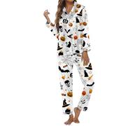 Generisch Pigiama da donna per Halloween, con motivo fantasma, pigiama in due pezzi, con zucche, a maniche lunghe, per la stagione spaventosa, Stil_r10 Bianco, L