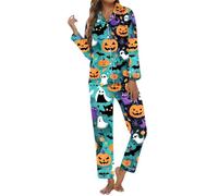 Generisch Pigiama da donna per Halloween, con motivo fantasma, pigiama in due pezzi, con zucche, a maniche lunghe, per la stagione spaventosa, Stil_r08 blu-verde, XL
