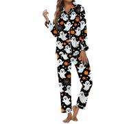Generisch Pigiama da donna per Halloween, con motivo fantasma, pigiama in due pezzi, con zucche, a maniche lunghe, per la stagione spaventosa, Stil_r02 Nero, XXL
