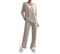 Generisch Pigiama da donna, per la casa, invernale, caldo, set comodo e comodo, in due pezzi, a maniche lunghe, con elastico in vita, per il tempo libero, beige., L