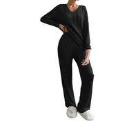 Generisch Pigiama da donna, per la casa, invernale, caldo, set comodo e comodo, in due pezzi, a maniche lunghe, con elastico in vita, per il tempo libero, Nero , L