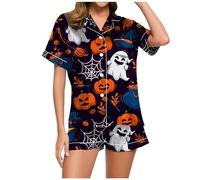 Generisch Pigiama da donna, set di pigiama natalizio, per Halloween, per la casa, per il tempo libero, due pezzi, a maniche lunghe, pigiameria e pantaloni a quadri, Pajama B3-blu marino, L