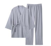 Generisch Pigiama da uomo a maniche lunghe, materiale spesso micro elasticizzato con pantaloni lunghi per la stagione fredda, grigio chiaro., M