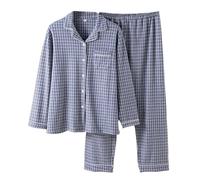 Generisch Pigiama da uomo in morbido pile con colletto elasticizzato a maniche lunghe pantaloni comodi vestiti da casa per la stagione fredda, Blu scuro, XL