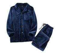 Generisch Pigiama da uomo, lungo, invernale, in pile ispessito, in due pezzi, pigiameria da casa, morbido e caldo, a maniche lunghe e pantaloni da pigiama con tasca per uomo, R Marine, L