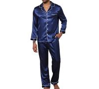 Generisch Pigiama da uomo, set da 2 pezzi, morbido e leggero, da notte, per la casa, con risvolto e pantaloni da sonno, set loungewear morbido a maniche lunghe, blu navy, XXL