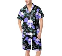Generisch Pigiama da uomo, taglie forti, con stampa a teschio, set di biancheria da notte estiva, a maniche corte, colletto rovesciato, camicia e pantaloni corti, per il tempo libero, traspirante, O