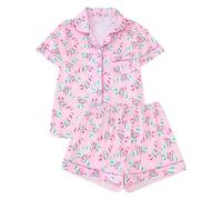 Generisch Pigiama estivo da donna con bastoncini di zucchero, a maniche corte con pantaloncini, divertente set di biancheria da notte per Natale in estate, Stil_c02 rosso, L