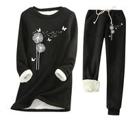 Generisch Pigiama in spugna da donna con motivo a dente di leone, set di pigiama, tuta da jogging, morbido, biancheria intima termica, per autunno e inverno, in cotone, Nero , XL
