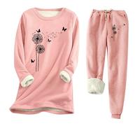 Generisch Pigiama in spugna da donna con motivo a dente di leone, set di pigiama, tuta da jogging, morbido, biancheria intima termica, per autunno e inverno, in cotone, Colore: rosa., XL