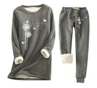 Generisch Pigiama in spugna da donna con motivo a dente di leone, set di pigiama, tuta da jogging, morbido, biancheria intima termica, per autunno e inverno, in cotone, grigio scuro, XXL