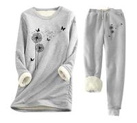 Generisch Pigiama in spugna da donna con motivo a dente di leone, set di pigiama, tuta da jogging, morbido, biancheria intima termica, per autunno e inverno, in cotone, grigio., XXL