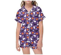 Generisch Pigiama in spugna per bambini con stampa di Halloween, colletto a bottone, a maniche corte, pantaloncini accappatoio soffice 128, Lilla, 4-5 Anni