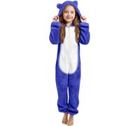 Generisch Pigiama in tinta unita in lana di orsacchiotto con orecchie d'orso per ragazze con cappuccio e chiusura lampo Bodysuit peluche e dolce Long Heimpyjama per bambini dai 3 ai 12 anni, Blu, 9-10