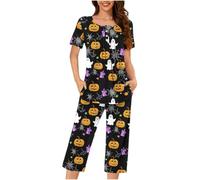 Generisch Pigiama intero da donna, per Halloween, carnevale, comodo pigiama in due pezzi con simpatica stampa a zucca per serate rilassanti, sonno riposante nella stagione fredda, biancheria da notte
