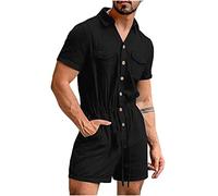 Generisch Pigiama intero da uomo, corto, tuta da uomo, estivo, tuta estiva e traspirante, vestibilità regolare, con tasche, asciugatura rapida, Nero , M