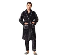 Generisch Pigiama invernale da uomo, a maniche lunghe, camicia da notte, pigiama termico, 2 pezzi, pantaloni da pigiama e vestaglia, set morbido e confortevole, Nero , M