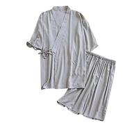 Generisch Pigiama kimono da uomo in stile giapponese cotone Hanfu pigiama morbido 2 pezzi pigiama corto set casual top e pantaloncini comodi da notte morbidi tuta confortevole, O grigio., XL