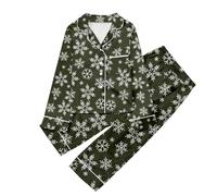 Generisch Pigiama luminoso casual pigiama per bambini con stampa, button-down revers, top a maniche lunghe e pantaloni poncho da bagno ragazza, Verde scuro, 13-14 Anni