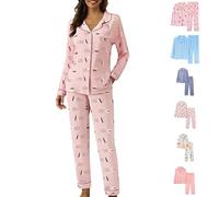 Generisch Pigiama lungo da donna, con motivo a quadri, morbido e leggero, con risvolto e pantaloni da pigiama, 2 pezzi, elegante e casual, per la casa e il sonno, Rosa10, XL