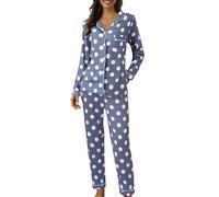 Generisch Pigiama lungo da donna, con motivo a quadri, morbido e leggero, con risvolto e pantaloni da pigiama, 2 pezzi, elegante e casual, per la casa e il sonno, Blu scuro 7., M