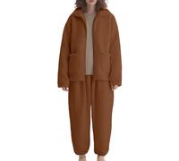 Generisch Pigiama lungo da donna, in pile termico, invernale, in due pezzi, morbido, caldo, maglione natalizio con pigiama, set da 2 pezzi, caffè, M