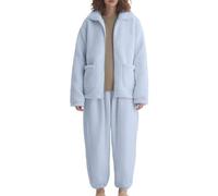 Generisch Pigiama lungo da donna, in pile termico, invernale, in due pezzi, morbido, caldo, maglione natalizio con pigiama, set da 2 pezzi, Azzurro, XXL