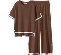 Generisch Pigiama lungo da donna, per autunno e inverno, in due pezzi, Oufits Lounge Se patchwork, per il tempo libero, per la casa, elegante set di pigiama, marrone, L