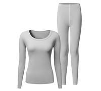 Generisch Pigiama lungo da donna, slim fit, da donna, a maniche lunghe, in due pezzi, biancheria intima termica e pantaloni da sonno, girocollo, morbido, per il tempo libero, tuta termica, grigio., M