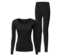 Generisch Pigiama lungo da donna, slim fit, da donna, a maniche lunghe, in due pezzi, biancheria intima termica e pantaloni da sonno, girocollo, morbido, per il tempo libero, tuta termica, Nero , M