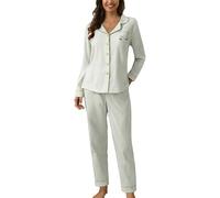 Generisch Pigiama lungo in cotone da donna, comodo, in due pezzi, a maniche lunghe, con gamba larga, set da casa, casual, morbido, per autunno e tempo libero, verde chiaro, M