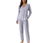 Generisch Pigiama lungo in cotone da donna, comodo, in due pezzi, a maniche lunghe, con gamba larga, set da casa, casual, morbido, per autunno e tempo libero, viola chiaro, XXL