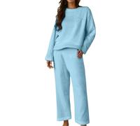 Generisch Pigiama lungo invernale da donna, in flanella, caldo, per la casa, con stampa, in pile, due pezzi, per la casa, da donna, a maniche lunghe e pantaloni loungewear, Azzurro, XXL