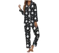 Generisch Pigiama natalizio da donna, con stampa festiva, pratico sacchetto per la casa, a maniche lunghe, per ore confortevoli, Nero , XXL