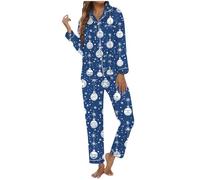 Generisch Pigiama natalizio da donna, con stampa festiva, pratico sacchetto per la casa, a maniche lunghe, per ore confortevoli, Blu, XXL