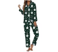 Generisch Pigiama natalizio da donna, con stampa festiva, pratico sacchetto per la casa, a maniche lunghe, per ore confortevoli, Verde scuro, L