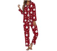 Generisch Pigiama natalizio da donna, con stampa festiva, pratico sacchetto per la casa, a maniche lunghe, per ore confortevoli, Colore: rosso, XL