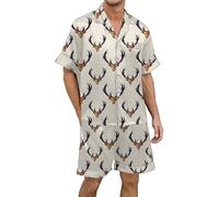 Generisch Pigiama natalizio da uomo in raso di seta stampato multicolore con maniche corte e abbottonatura, beige., XXL